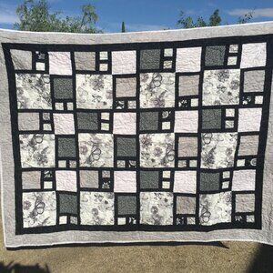 Butterflies Galore Quilt 48"x63" – Gray & Black Handmade Patchwork Throw Blanket